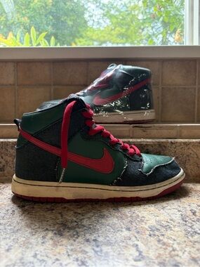 Nike Dunk High Green Leather & Red Swoosh Sneakers